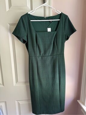 Ann Taylor Dark Green Plaid Square-Neck Sheath Dress